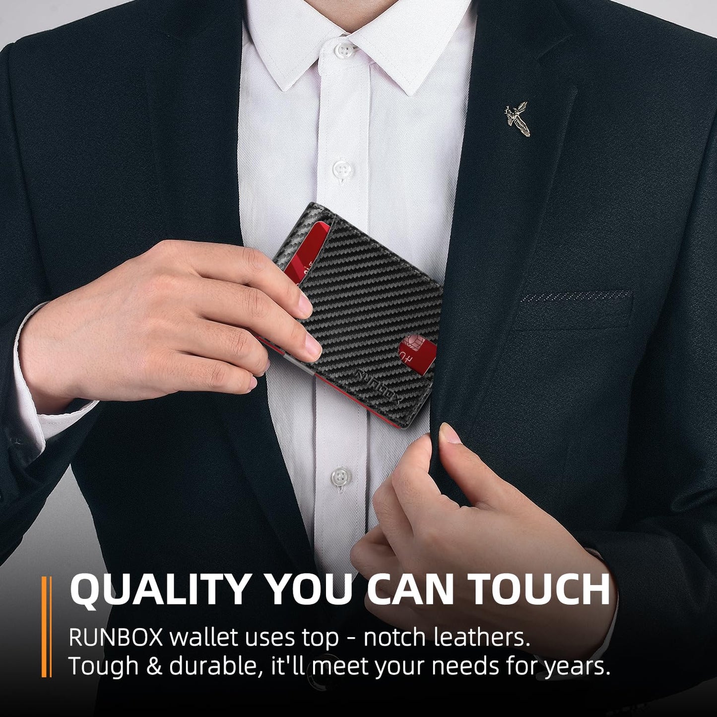 RUNBOX Red Wallet for Men Slim 11 Credit Card Holder Slots Leather Money Clip RFID Blocking Small Men's Wallet Bifold Minimalist Gift Box Carbon