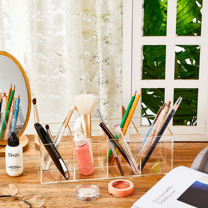 Yulejo 8 Slot Clear Acrylic Pen Holder Makeup Brushes Organizer Holder Eyebrow Pen Container Bathroom Storage Square Cube Deep Organizer Countertop Storage Pencil Display Case for Office Desk