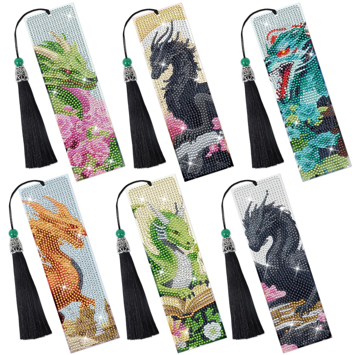 Sitsink Dragon Art Kits - 6 Pc Diamond Bookmarks with Tassels, Fantasy Creature Dragon Painting Kits for Adults