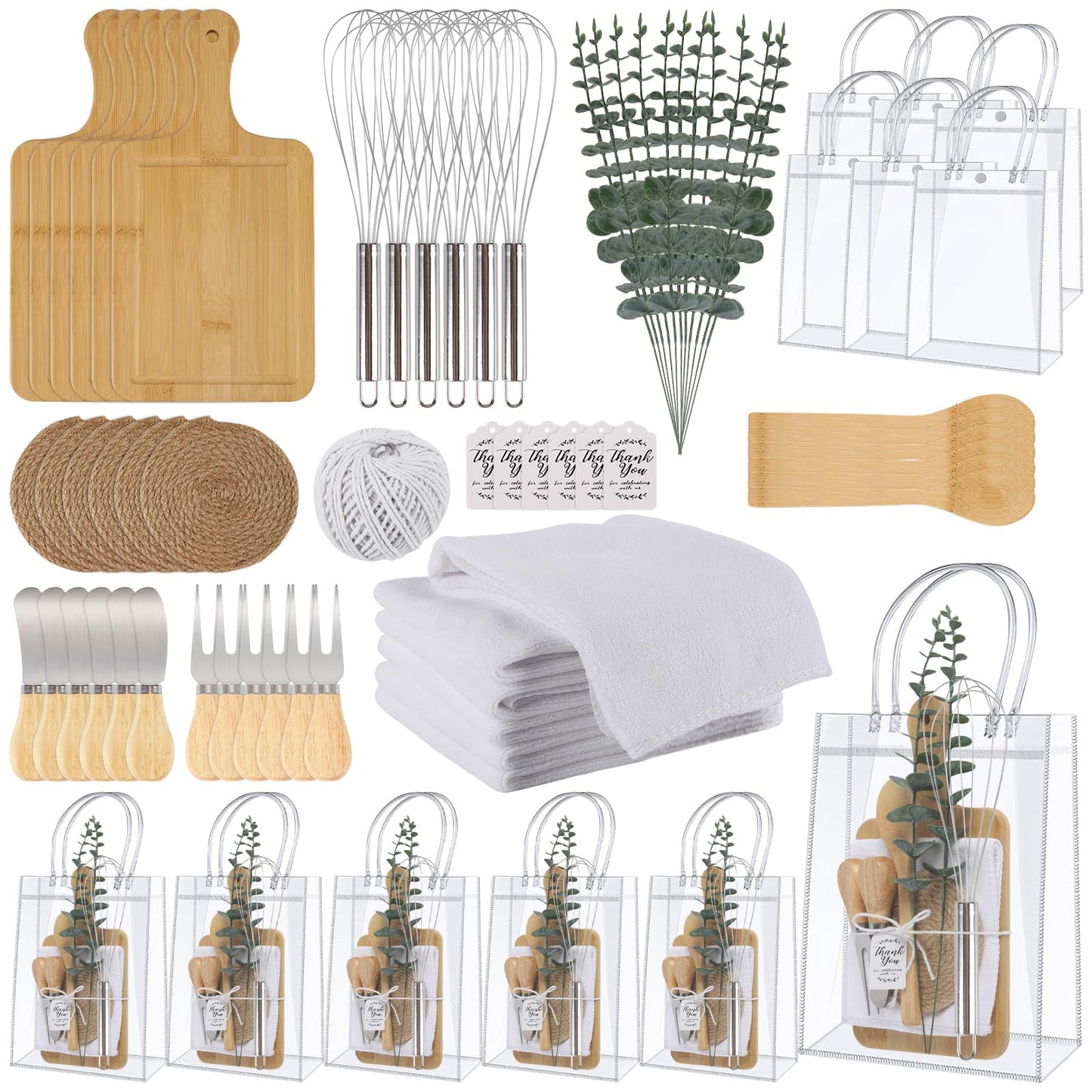 67Pcs Baby Shower Prizes for Game Winners Baby Shower Games Prizes 6 Sets Bamboo Cheese Board Spoon Fork Knives Towel Rattan Coasters Artificial Eucalyptus Stems Thank You Card Stirrers Gift Bags