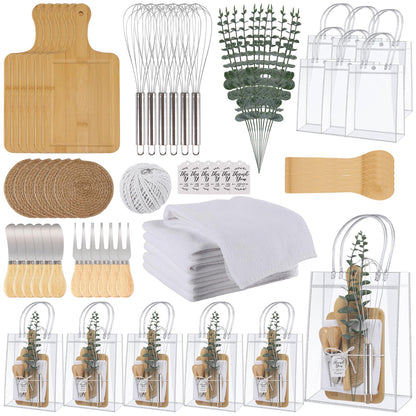 67Pcs Baby Shower Prizes for Game Winners Baby Shower Games Prizes 6 Sets Bamboo Cheese Board Spoon Fork Knives Towel Rattan Coasters Artificial Eucalyptus Stems Thank You Card Stirrers Gift Bags