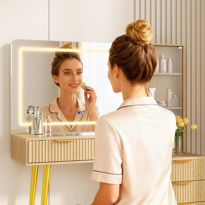 Garvee 48" Fluted Makeup Vanity Desk with Mirror and Lights, Glass Top Vanity Table with 5 Drawers, Open Shelf and Power Outlet, Modern Dressing Table for Bedroom and Living Room
