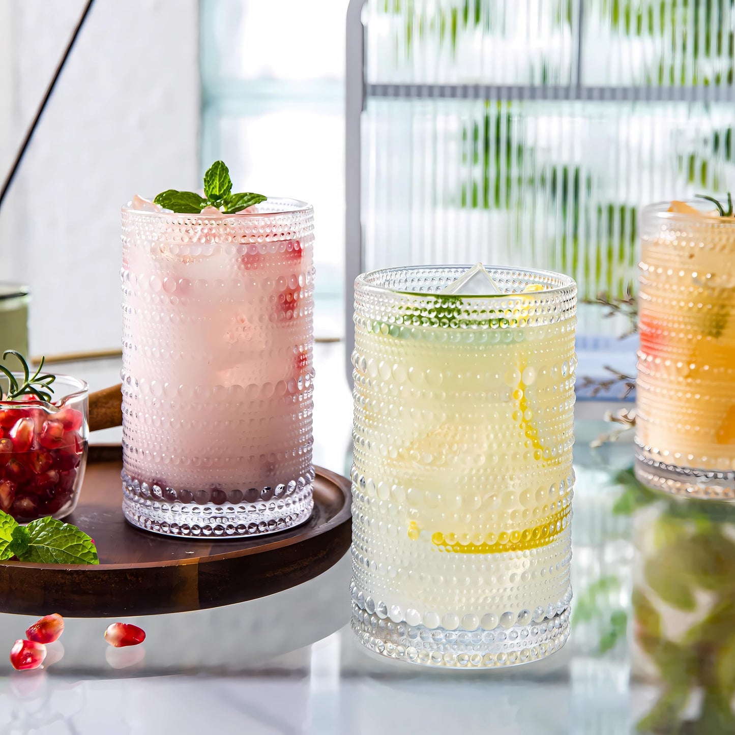 Ework4U 2 Pcs Iced Coffee Glasses Cups with Glass Lids and Straws,12 oz Thick Emboss Beaded Drinking Glass Cup Set,Latte Glasses,Ideal for Water,Soda,Gift with Cleaning Brushes