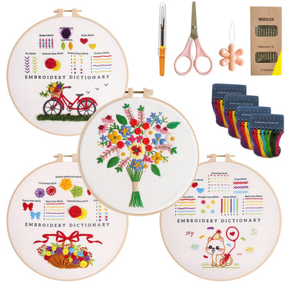 CornerLife 4 Pack Embroidery Kit for Beginners Adults, Hand Embroidery Kits with Pre-Stamped Floral Patterns and Instructions, Adjustable Hoop, Needlepoint Starter Kit DIY Art Crafts Gift (Flower A)