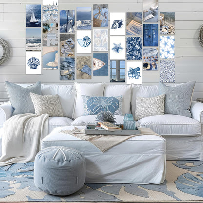 FYSUIMU 50Pcs Coastal Wall Collage Kit Art Print Aesthetic Blue Coastal Beach Surf Wall Decor for Bedroom Dorm Preppy Room Home Decor, 4 x 6 Inch