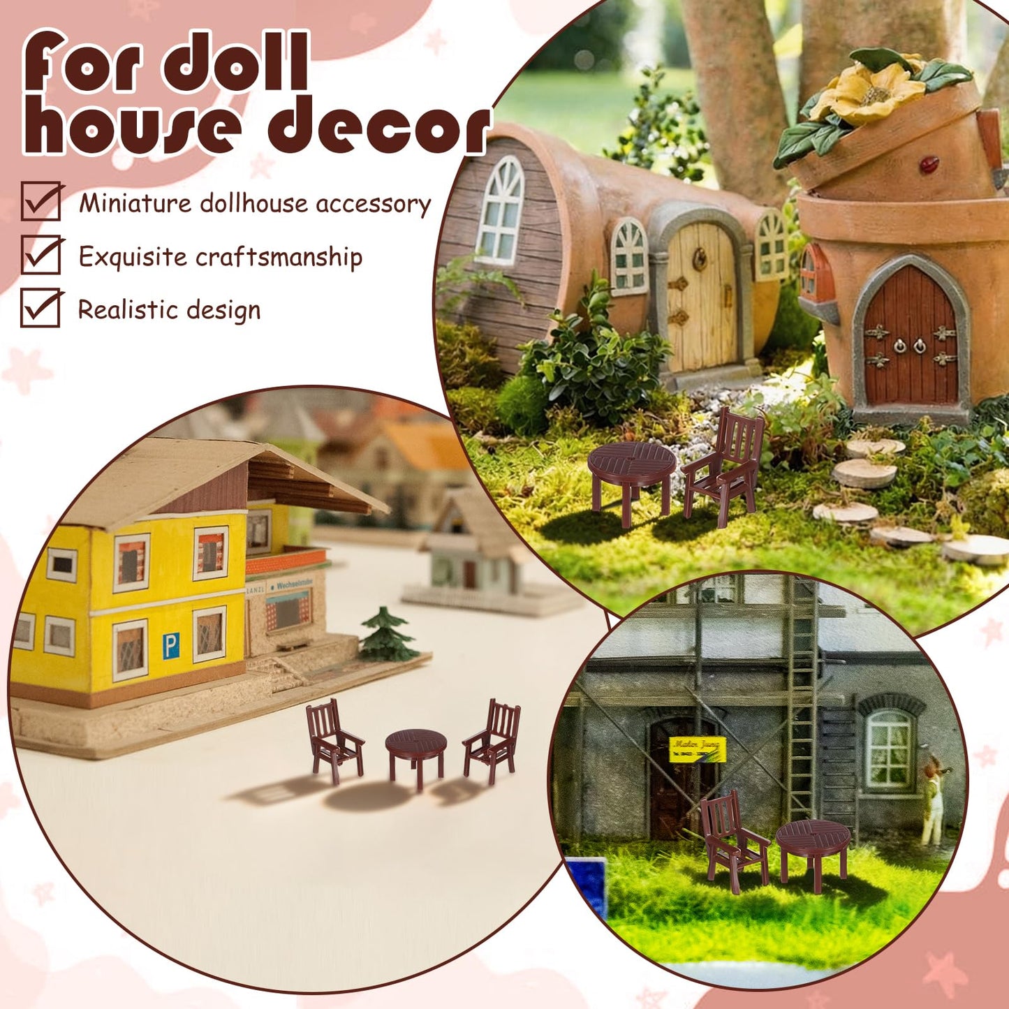 4 Sets Dollhouse Furniture - 1/50 Scale Miniature Dollhouse Table and Chairs Plastic Mini Dining Room Table Chairs for Fairy Garden Doll House Accessories