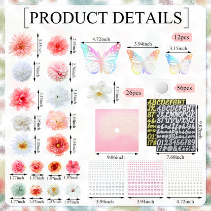 Wavwavw 44 Pcs DIY Graduation Cap Decorations Kit Pink Grad Cap Decorations 3D Artificial Flowers Butterfly Decals Rhinestone Pearl Stickers Letter Stickers Glitter Paper for 2026 Grad Hats Decor