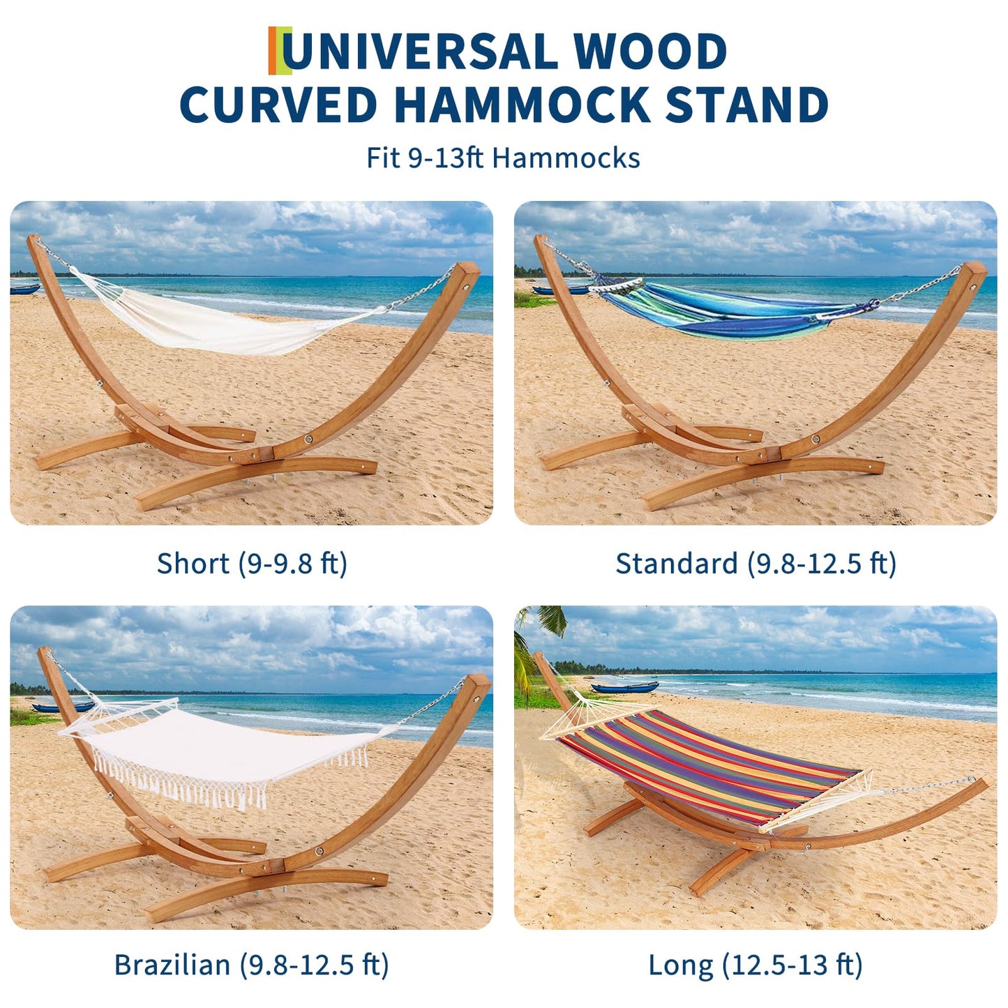 Festisoul Curved Wooden Hammock Stand, Heavy Duty 475 LBS Weatherproof Hammock Frame, Adjustable Height Stand for 9-13FT Hammocks, Indoor/Outdoor Patio Hammock Stand with Chains & Carabiners