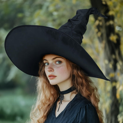 JEGERMIG Women's Black Masquerade Ruched Witch Hat Oversized Witches Hats Wide Brim Party Accessory