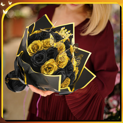 Ovveroche 36 PCS Glitter Roses Bouquet Kit, Black, Gold Sparkling Flower Arrangement with Stems, Butterflies, Crown, Wrapping Paper, Card, Ribbon for Wedding, Graduate, Birthday, DIY Crafts