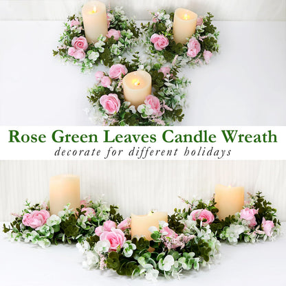 Acmee 4 Pcs Rose Candle Rings - Artificial Pink Floral Wreaths with Eucalyptus Leaves Greenery Garland for Pillar Candleholders Wedding Centerpiece Party Home Table Decor