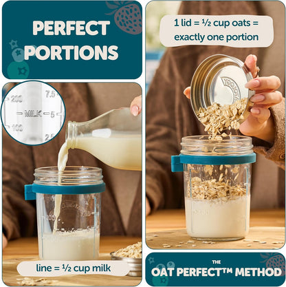 16oz Set 4 Pack Overnight Oats Containers with Lids & Spoons - Stainless Steel Lid Leakproof Glass Jars for Chia