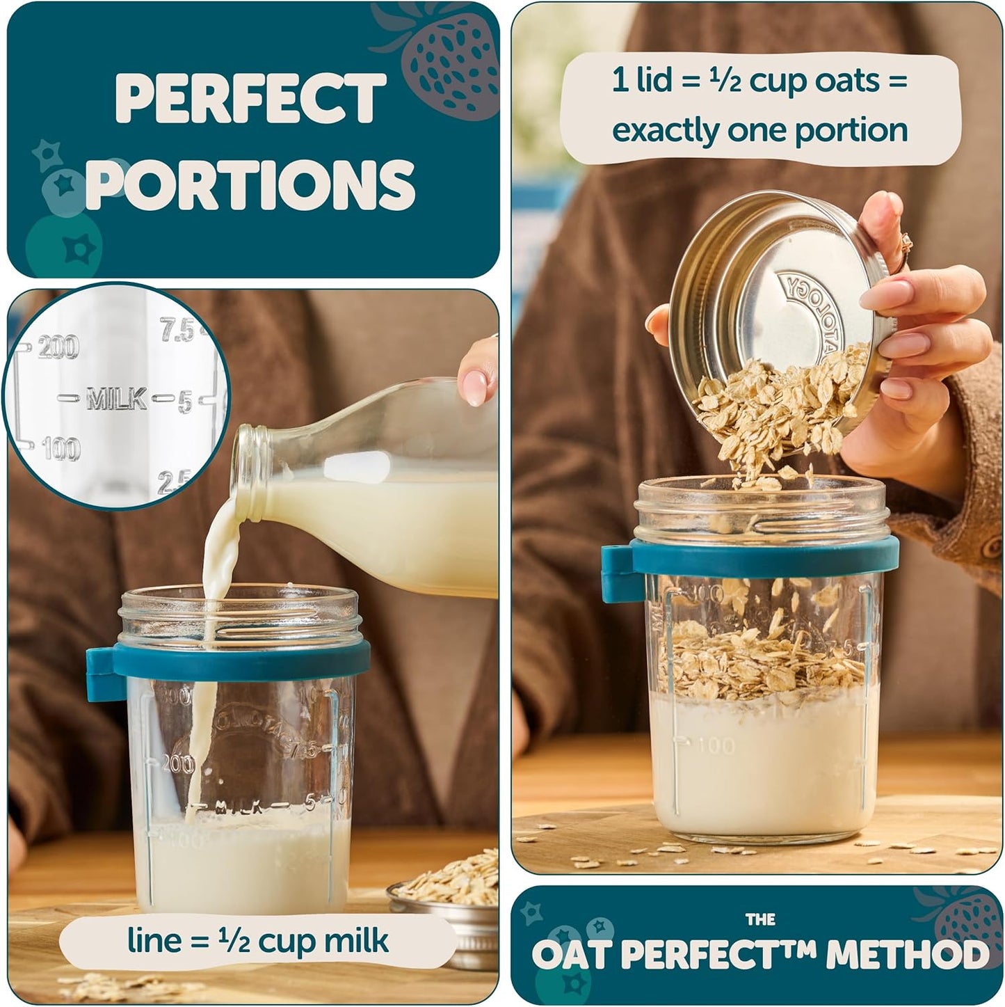 16oz 1 Pack Overnight Oats Jar with Spoon & Stainless Steel Lid - Leakproof Glass Oatmeal Container for Meal Prep