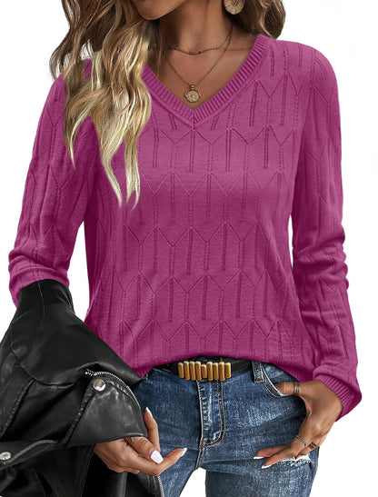 OFEEFAN Womens Sweaters Long Sleeve Shirts Fall Outfits 2025 V Neck Soft Knit Pullover Trendy Tops Dressy Casual Blouses