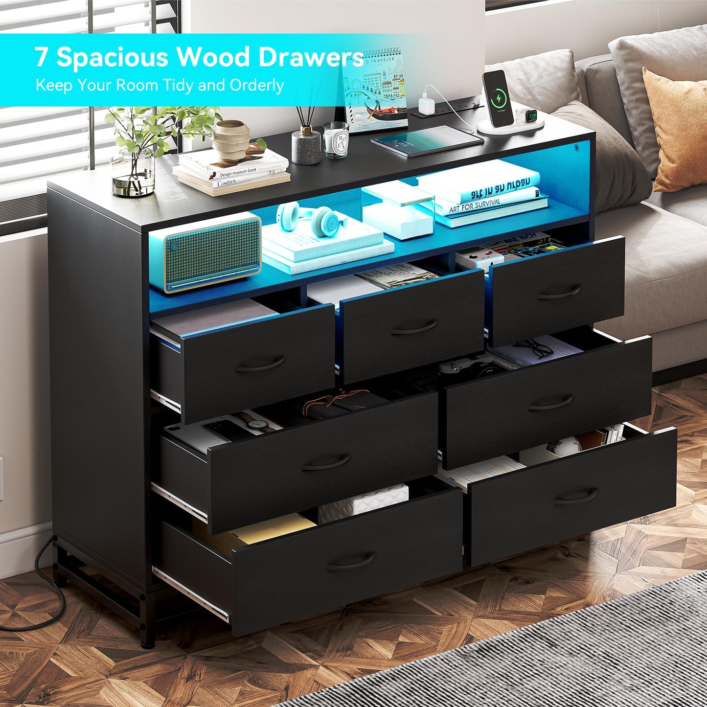 IDEALHOUSE Black 7-Drawer Dresser for Bedroom – Modern Long Dresser with Charging Station & LED Lights, Wooden Large Capacity Storage Chest, Wide Dresser for Living Room & Hallway