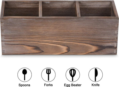 Wooden Silverware Organizer with 3 Spacious Compartments, Cooking Spatula Holder, Kitchen Utensil Flatware Caddy