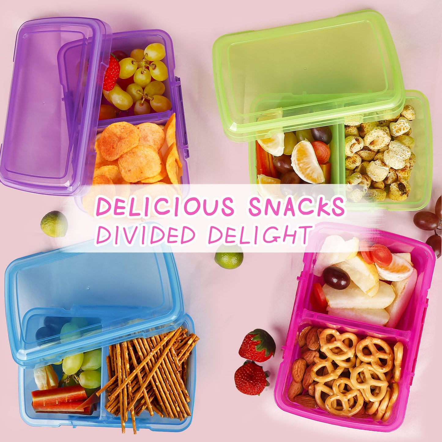 Greentainer 4 Pack Snack Containers with Lids for Kids, 2 Compartment Reusable Bento Lunch Box with Cute Forks, Divided BPA-Free Plastic Food Storage & Meal Prep for School, Travel, Fruits & Snacks