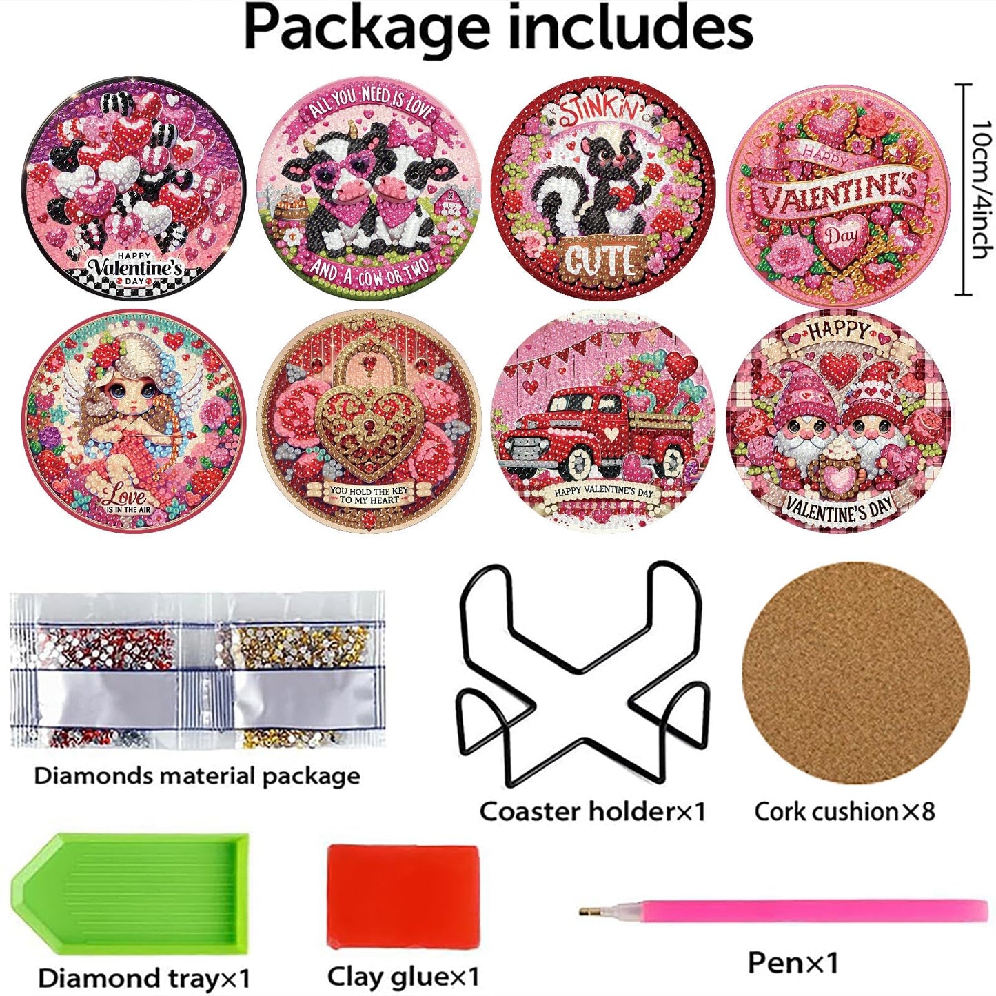 NEGEKFKX 8 Pcs Valentine's Day Diamond Art Painting Coasters Kits, Coaster with Holder for Adults, Non-Slip DIY Dot Paint Craft Kits,5D Full Drill DIY Diamond Dot Gem Art Kit Home Decor Arts Craft