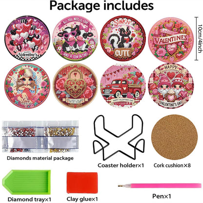 NEGEKFKX 8 Pcs Valentine's Day Diamond Art Painting Coasters Kits, Coaster with Holder for Adults, Non-Slip DIY Dot Paint Craft Kits,5D Full Drill DIY Diamond Dot Gem Art Kit Home Decor Arts Craft