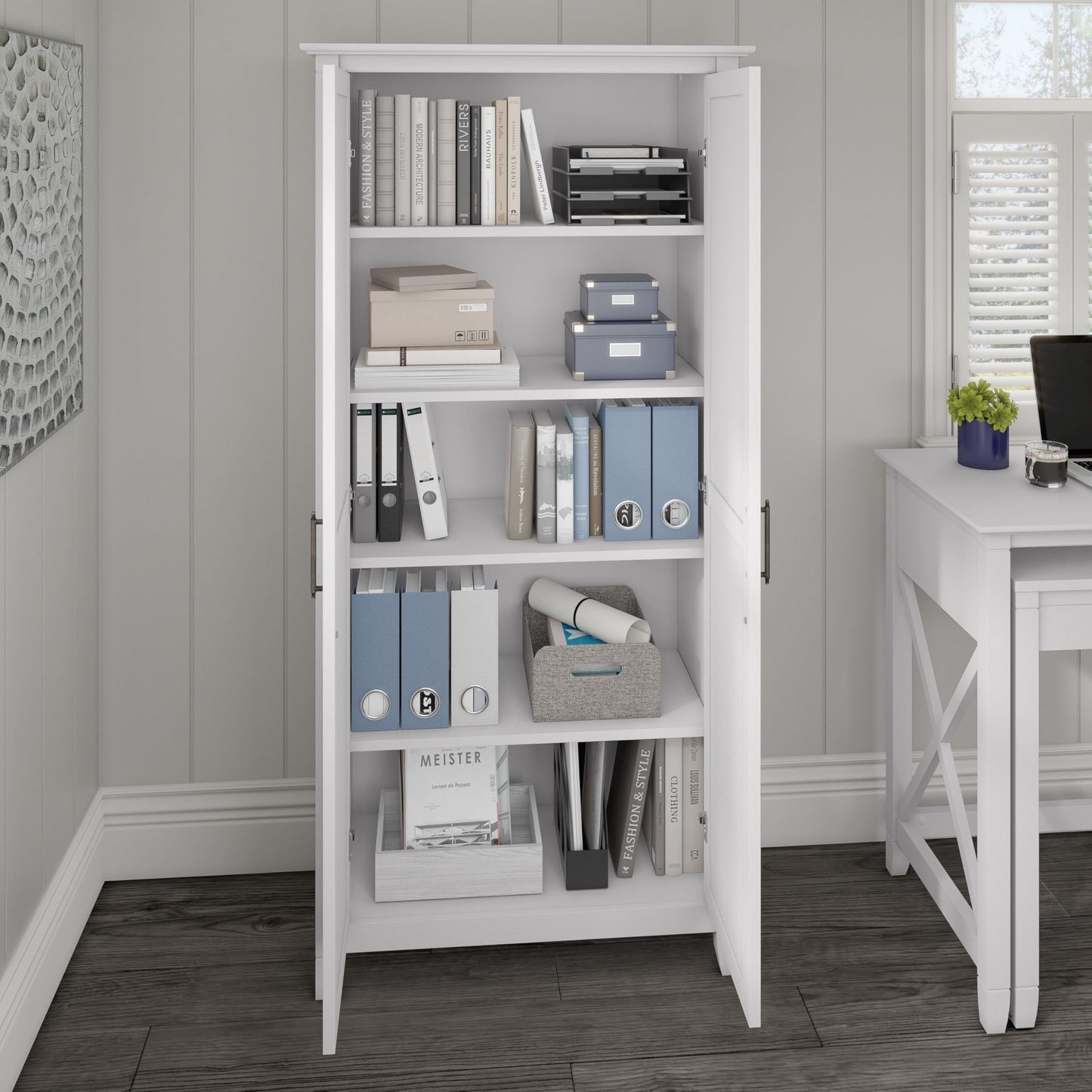 Bush Home Key West Tall Storage Cabinet with Doors in Pure White Oak