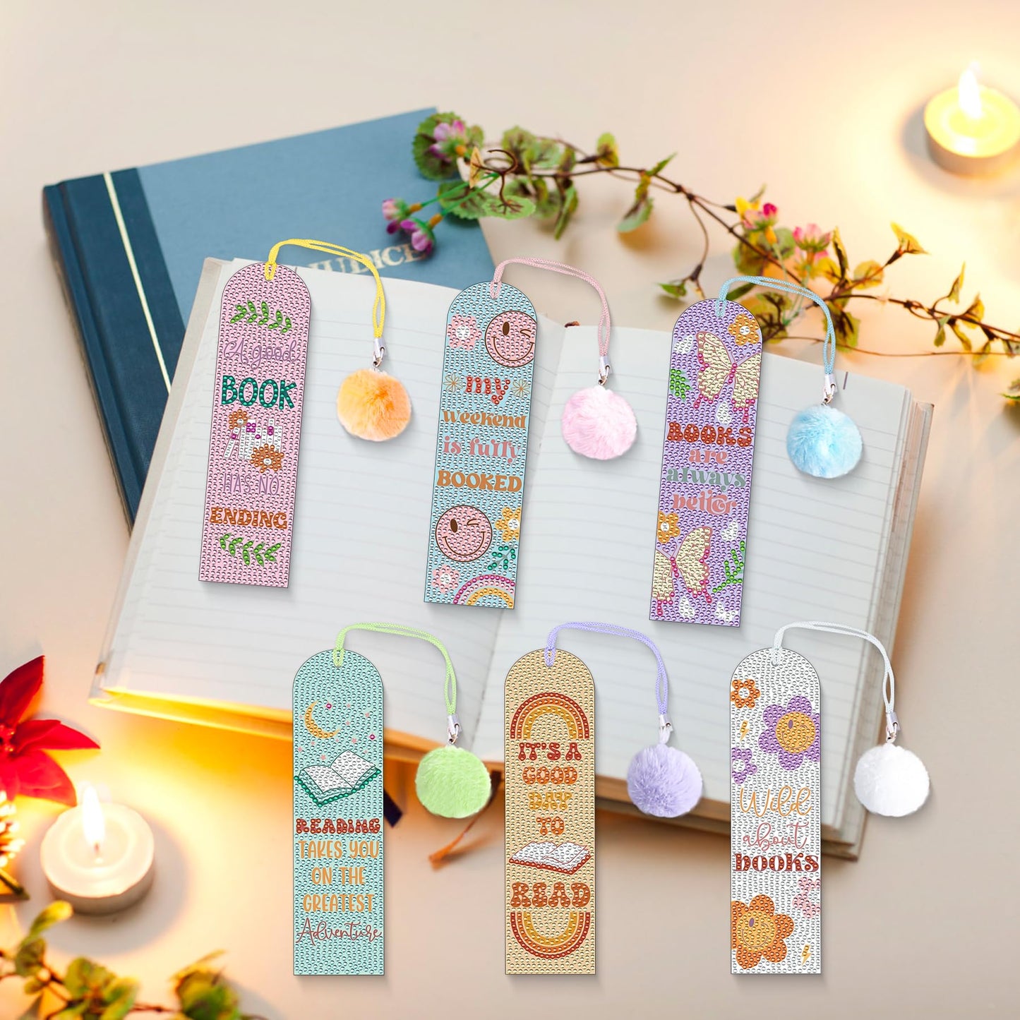 6PCS Kids Diamond Art Bookmarks Kit– DIY Reading Gifts for Classroom, Inspirational Quote Designs – Fun Art & Craft Activity for Boy and Girls
