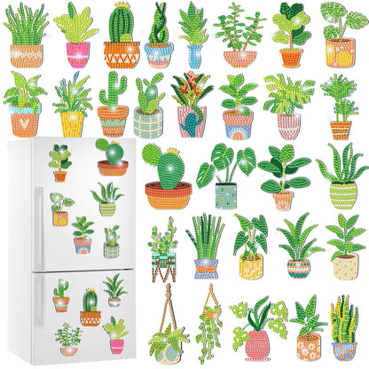 Xuhal 30 Pcs Potted Plants Diamond Painting Magnets Green Plants Diamond Art Magnet Kits for Adults Green Refrigerator Magnetic Sticker 5D Rhinestone Fridge Stickers for DIY Crafts Beginners Gifts