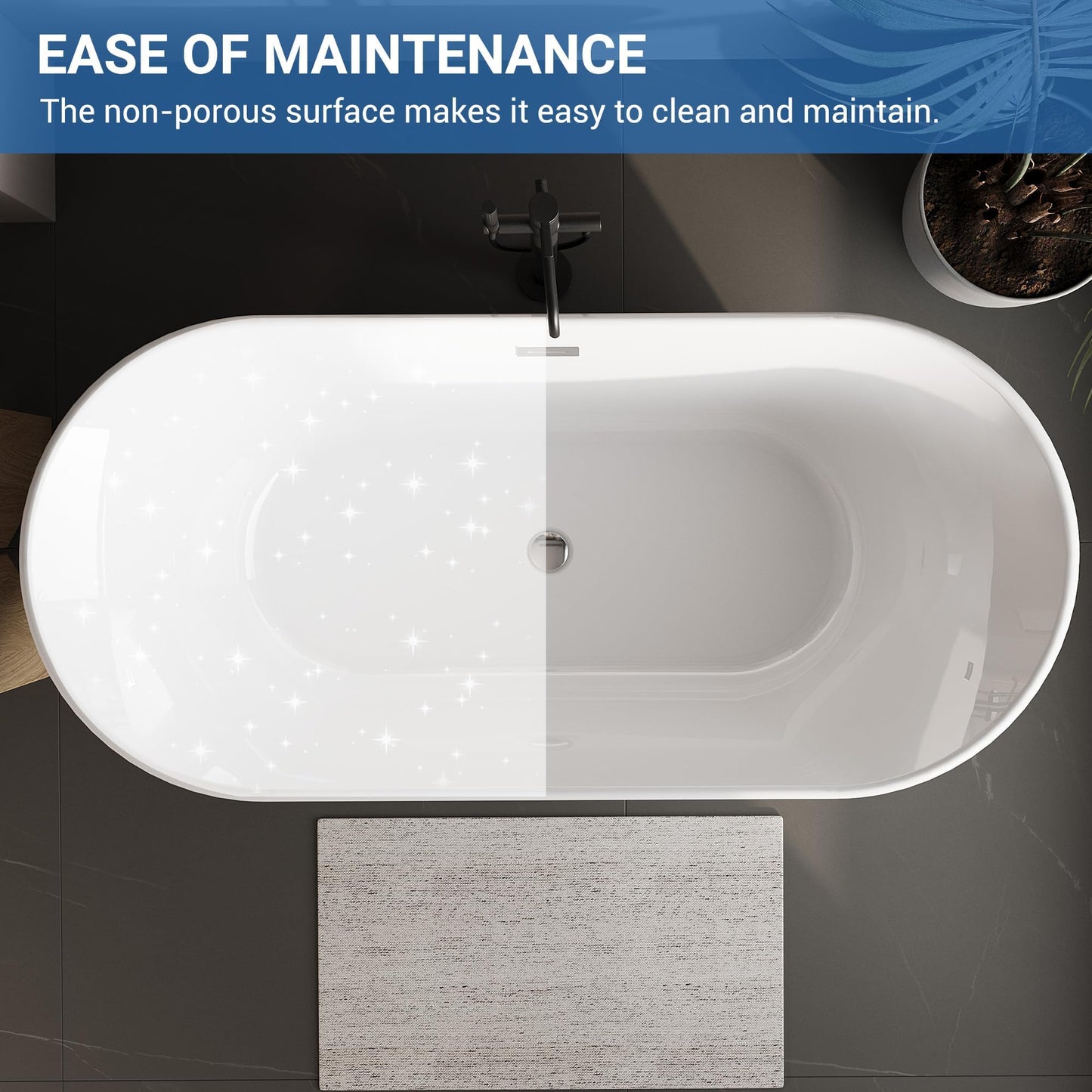 67" Free Standing Tub, Acrylic Soaking Bathtub, Stand Alone Freestanding Tub with Matte Sliver Drain and Overflow, Contemporary Bathtub for Bathroom, Flora