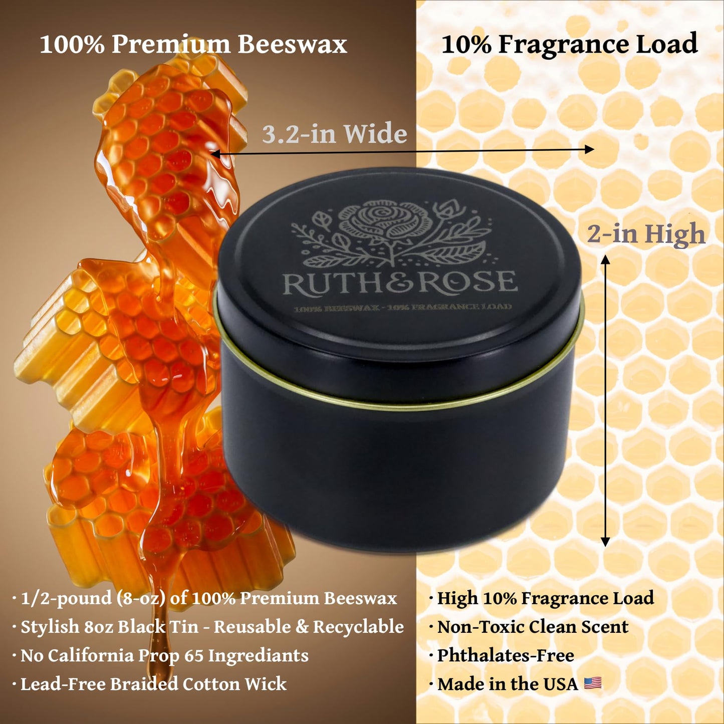 RUTH & ROSE Cedar Noir Scented Candle, 100% Beeswax Candle for Home, 8oz, +65 Hours Burn Time, Aromatherapy Non Toxic Candles, Gift for Women & Men, Made in USA, Perfect for Travel or Gifting