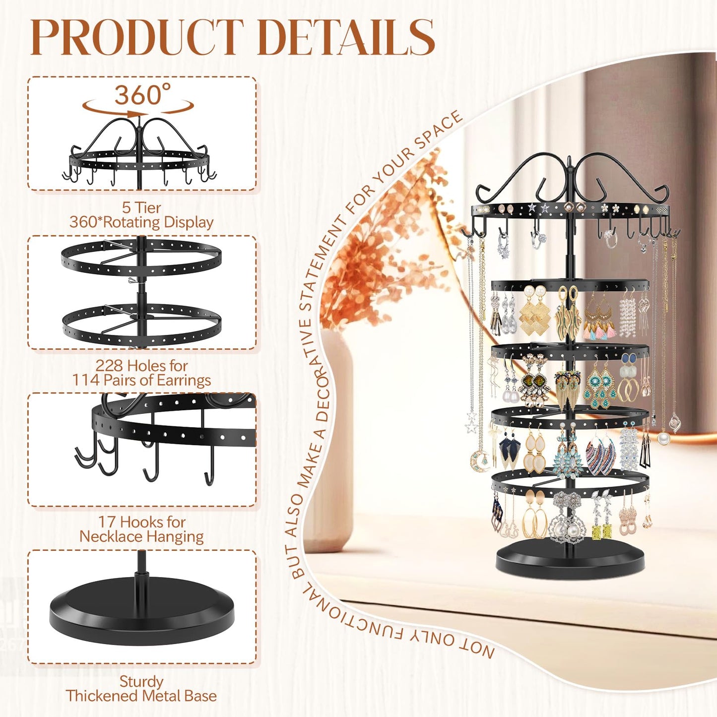 MODOWEY Rotating Jewelry Holder Organizer Stand, 5 Tier Metal Adjustable Display Tree, 228 Hole Earring Tower for Stud Dangle, 17 Hook Necklace Bracelet Storage Rack, Versatile Compact Hanger, Black