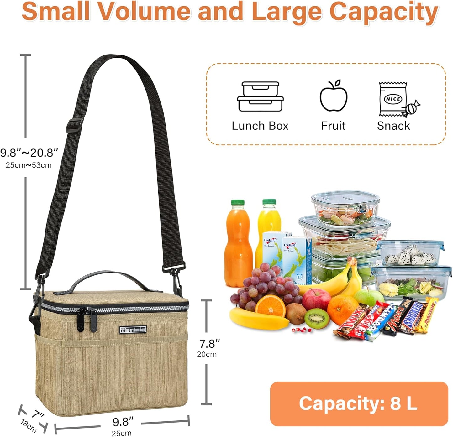 Tirrinia Insulated Lunch Bag, Leakproof Lunch Box for Work, School, Soft Lunchbox for Kids, Adult Cooler Bag, Khaki