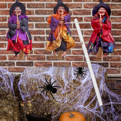 BravOne 3 PCS Halloween Hanging Witches Decorations, 8" Halloween Witches Ornaments Flying Witches Figures on Broom Halloween Outdoor Indoor Decorations Haunted House Hanging Props Party Decor (#A)