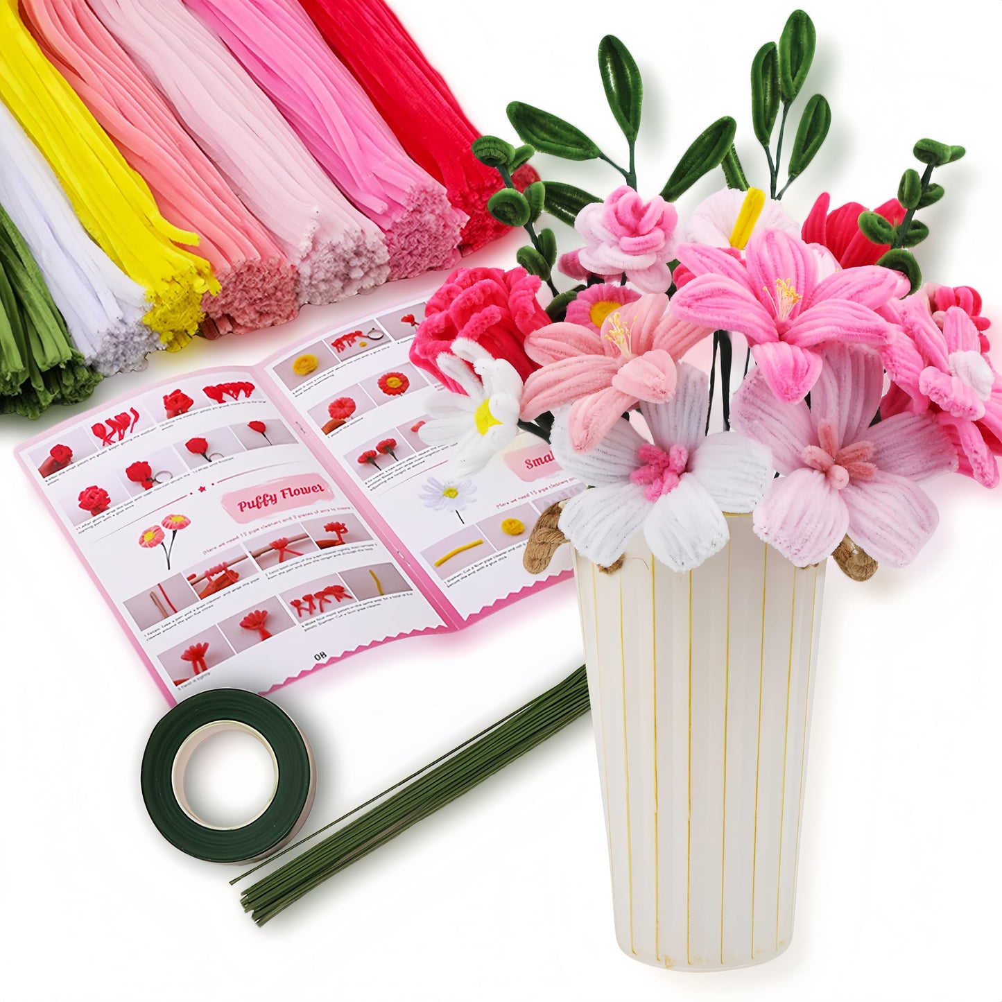 HUEYTON 450Pcs Pipe Cleaners Pink Flower Bouquet Craft Kit, Assorted Pink Chenille Stems for DIY Art, Ideal for Party Decor, Home Accents & Handmade Gifts