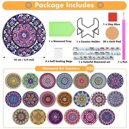Caffox 20 Pieces Diamond Art Painting Coasters Kit with Holder, Diamond Art Coasters, DIY Diamond Art Crafts Projects, Diamond Art Kits for Adults and Beginners(Mandala Style)