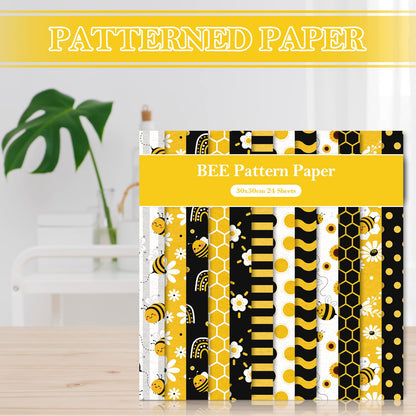 Whaline 24Pcs Bee Pattern Paper Pack 12 Designs Yellow Black Honeycomb Scrapbook Specialty Paper Double-Sided Collection Decorative Craft Papers for DIY Card Making Scrapbook Photo Album Decor