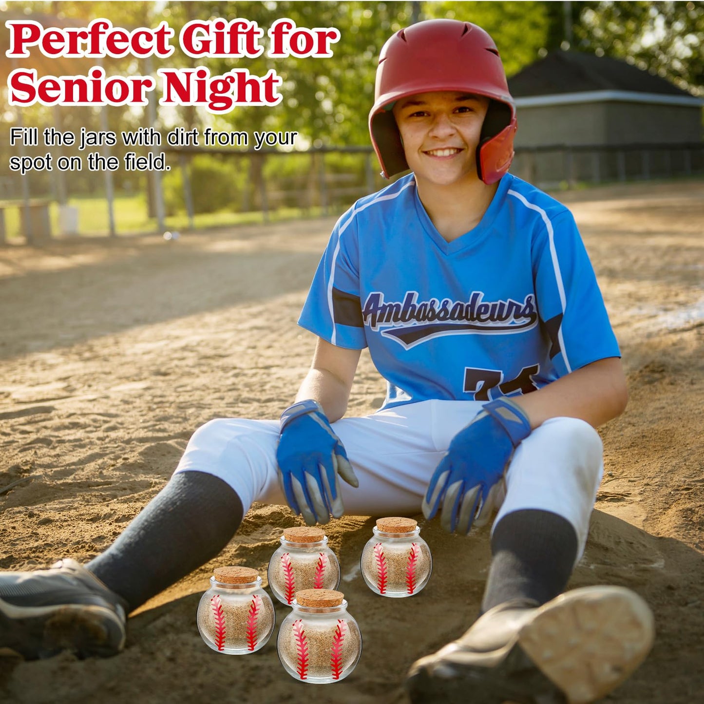 Funnymoom 12 Pcs Baseball Printed Round Jar 3.4 oz Mini Round Shaped Glass Jar with Cork Lid 2.56 x 2.56 Inch Decorative Glass Bottle for Baseball Team Coach Player Sport Party Favors Gift Decoration