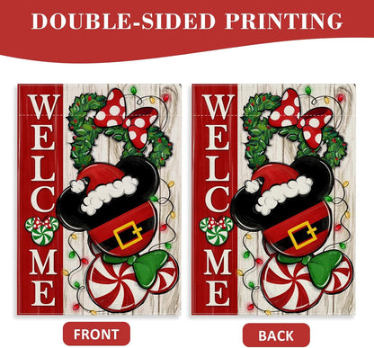Welcome Christmas Mouse Santa Garden Flag - Xmas Peppermint Candy Wreath Ornament, Double Sided Winter Holiday Decor