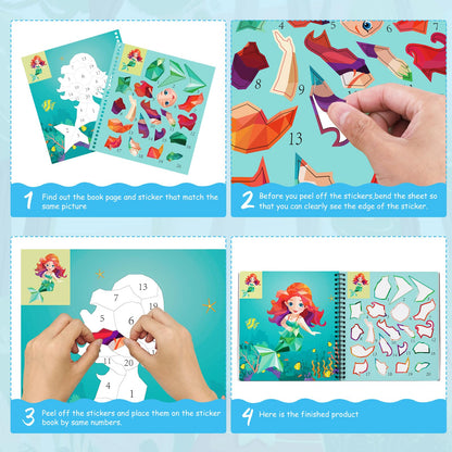 homicozy 3PCS Sticker Paint Books for Kids Ages 4-10,Unicorn Mermaid Animals Designs Paint By Stickers,Sticker By Numbers,Party Birthday Gifts for Girls 4-10,Create 30 Pictures One Stickers at A Time