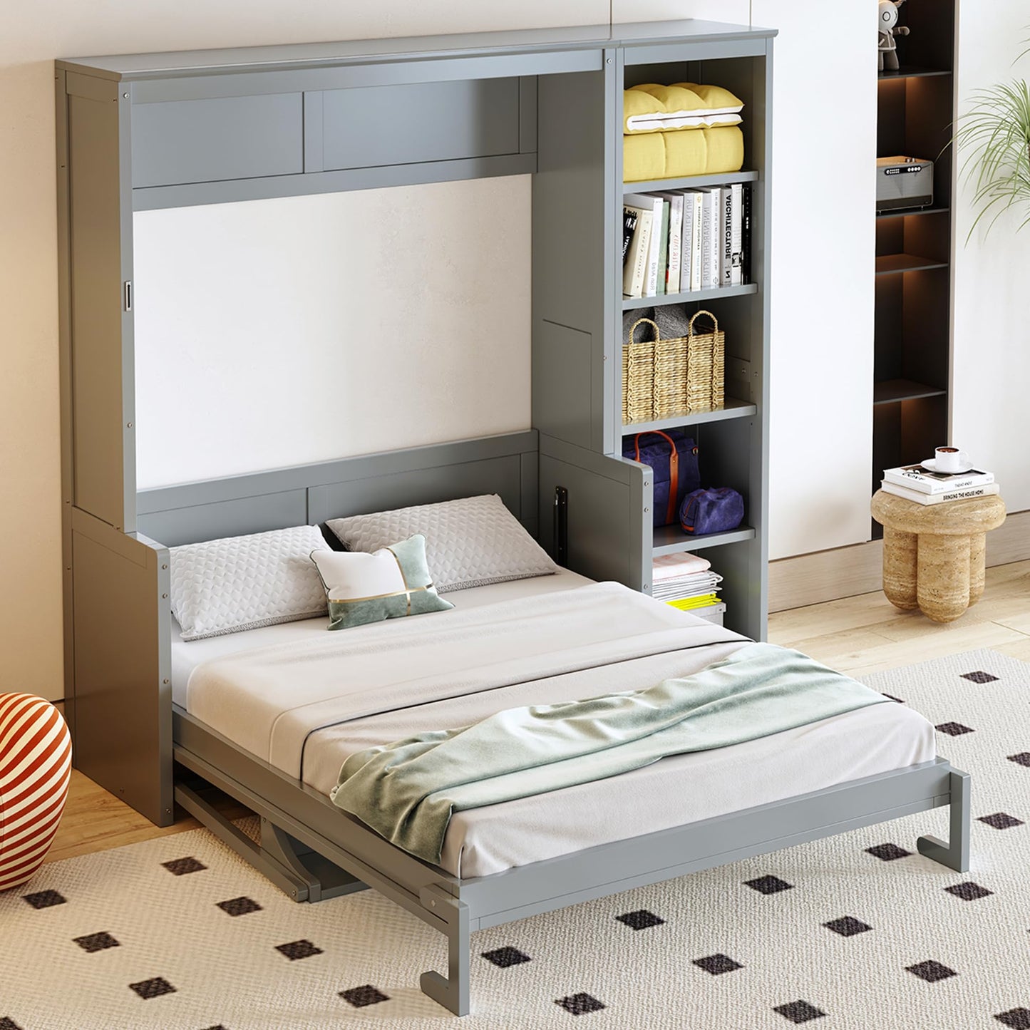 Ball & Cast Murphy Bed Chest Full Size,Hideaway Wall Bedframe with Desk and Bookshelf,Space Saving Cabinet Bed w/Shelf,Slat Support,can be Folded,Bedroom Furniture for Small Space,Gray