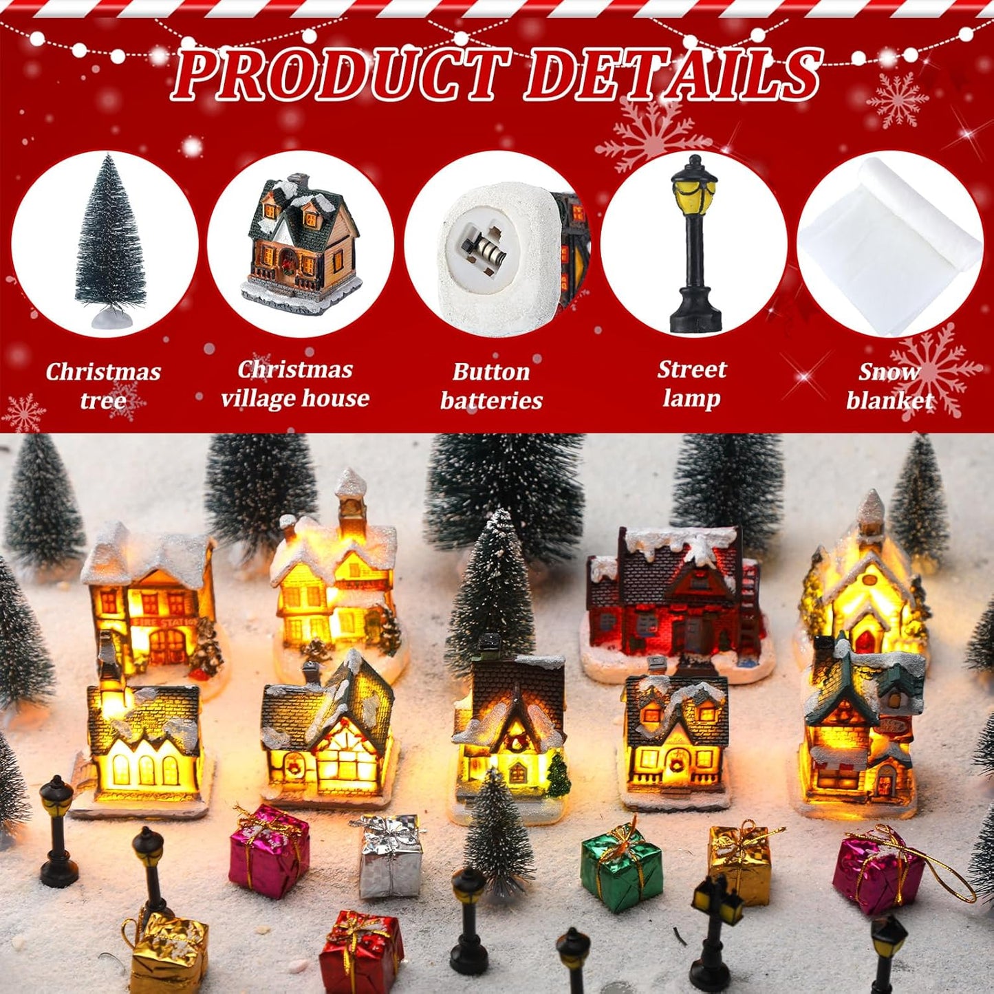 Shappy Christmas Village Houses Set - 48 Pcs with 10 LED Lights, Mini Trees & Snow Blanket