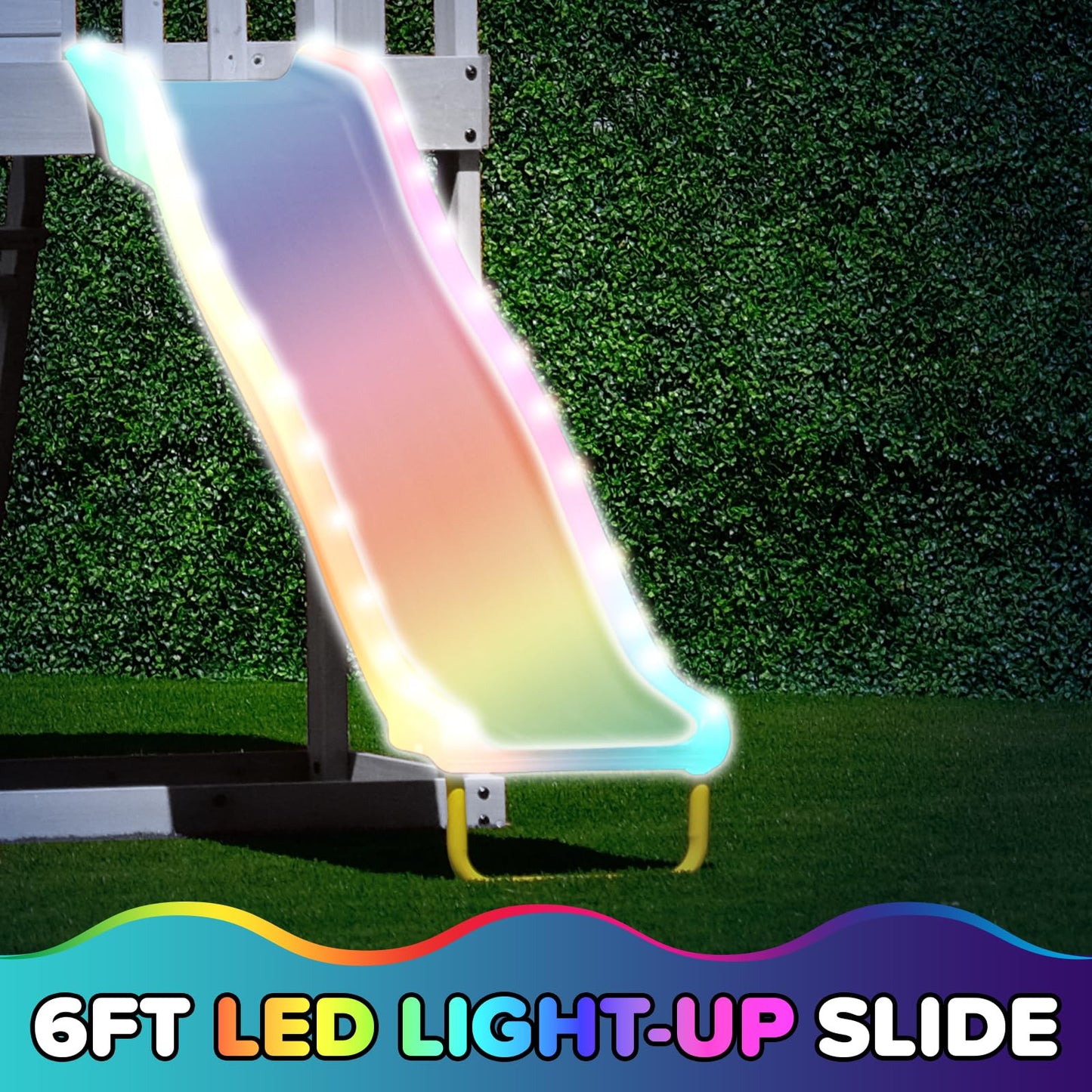 Sportspower Amelia Galaxy Cedar Wooden Swing Set for Night Play with 2 LED Swings, Play Fort with Sandbox, Heavy Duty Double A-Frame, on 6ft LED Slide, Bonus Anchor Kit