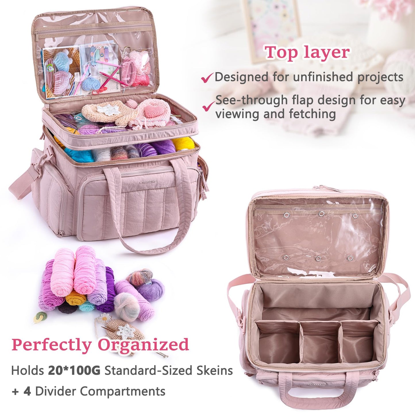 MYBAGZING Large Knitting & Crochet Bag Organizer for Yarn Storage, Double-Layer Knitting Project Bag with 6 Grommets, Yarn Organizer Tote for Knitting Supplies Crochet Hooks & Accessories Gift for Mom