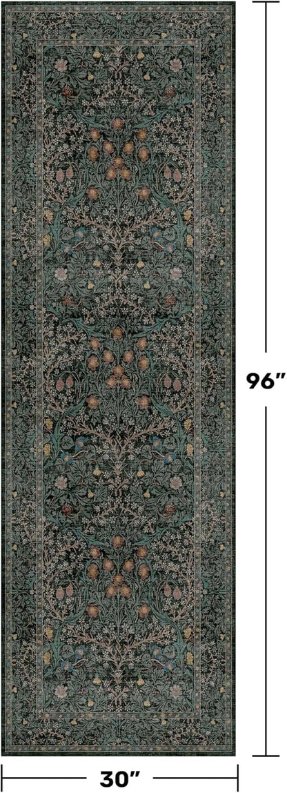 Skiennix 8ft Long Hallway Runner - Non-Slip, Washable Rubber Backing | Vintage Floral Dark Green & Black