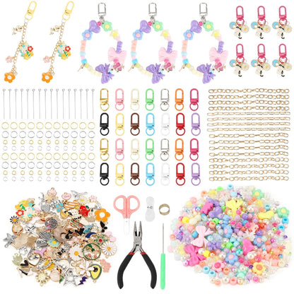 COSYOO DIY Keychain Making Kit, Includes 300pcs Colorful Beads 100pcs Charms, Bulk Cute Beaded Keychain Phone Bag Charm Complete Set for Beginners Jewelry Making Accessories Supplies