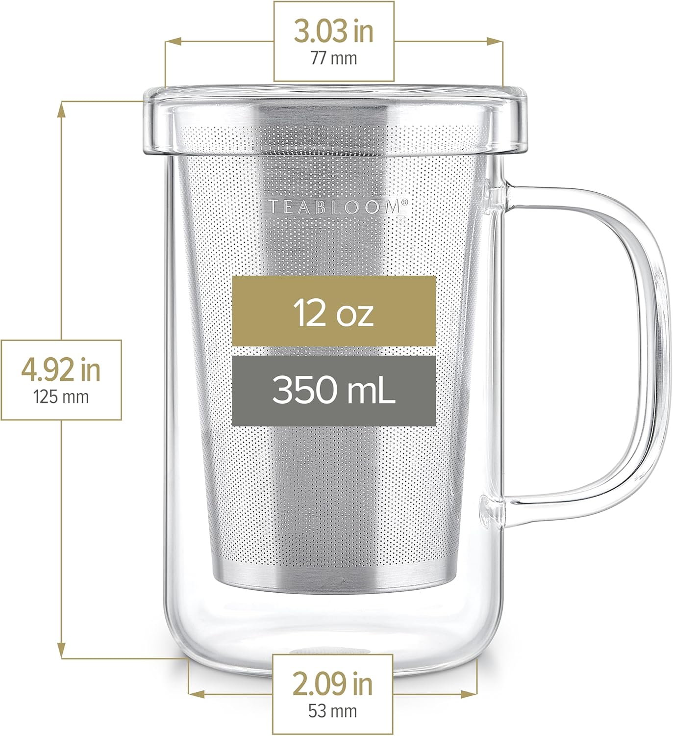Teabloom Premium Borosilicate Glass Mug - 12 Ounces (350 mL) with Stainless Steel Loose Leaf Tea Infuser and Lid/Dish
