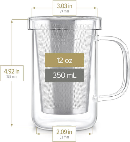 Teabloom Premium Borosilicate Glass Mug - 12 Ounces (350 mL) with Stainless Steel Loose Leaf Tea Infuser and Lid/Dish