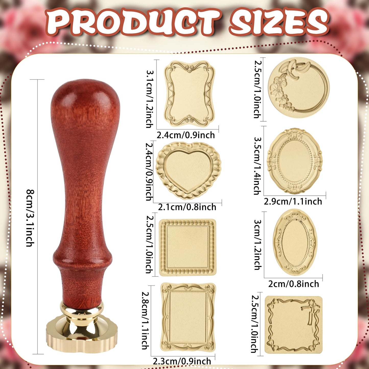 8 Set Frame Wax Seal Stamp Kit 8 Pcs Brass Wax Seal Head 8 Pcs Wood Handle Vintage Photo Frame Stamp for Wedding Invitations Scrapbooking Letters