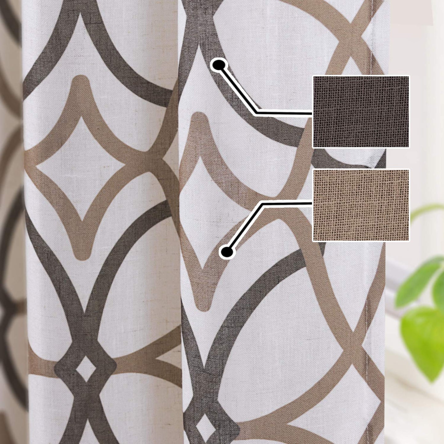 H.VERSAILTEX Linen Curtains 63 Inch Length 2 Panels Linen Sheer Curtains Textured Flax Window Draps for Living Room, Privacy Modern Printed Grommet Grapes Geometric Taupe/Brown