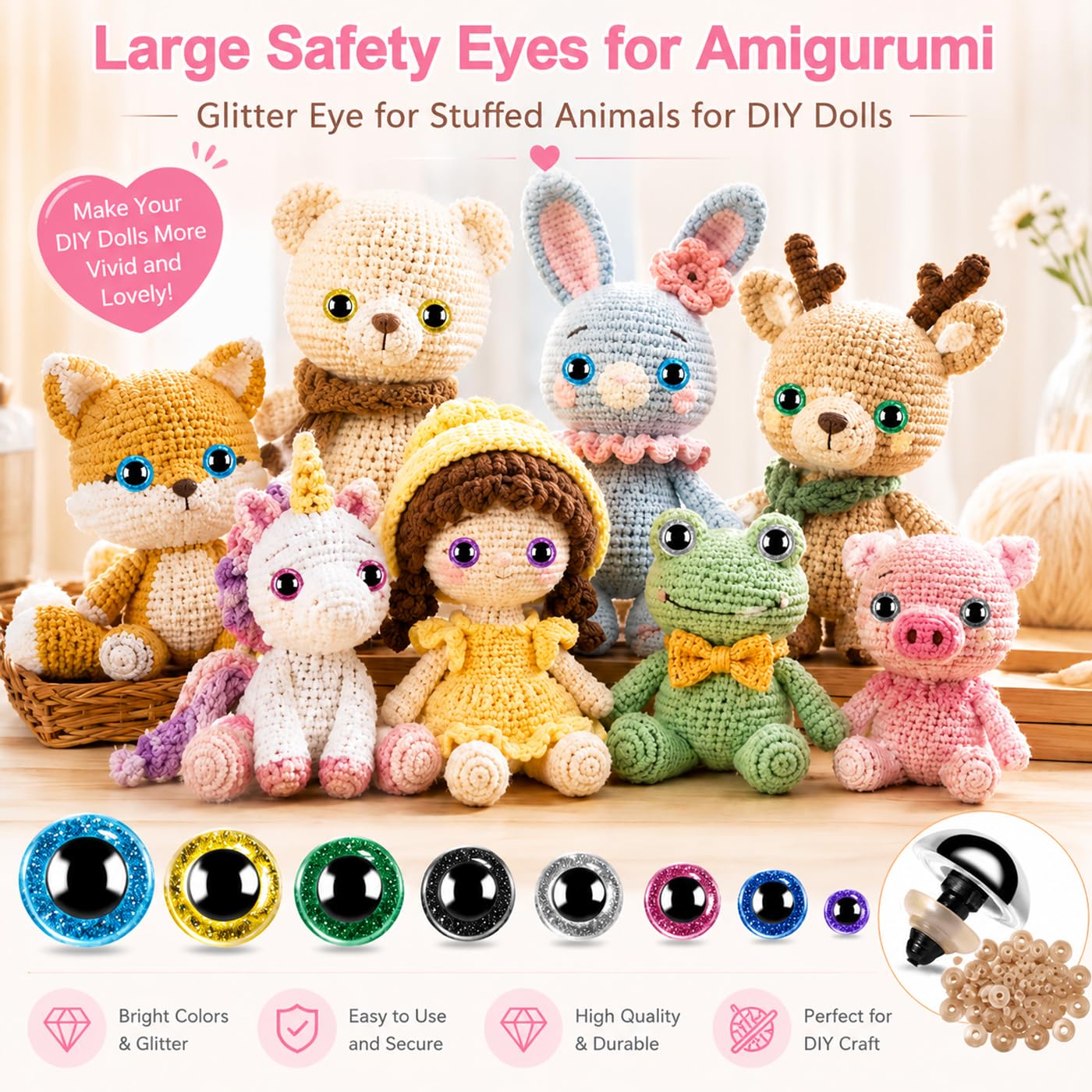 160pcs Large Safety Eyes for Amigurumi Glitter Eye for Stuffed Animals for DIY Dolls Puppets Bear Crafts Animals Amigurumi Making Supplies(Colorful A)