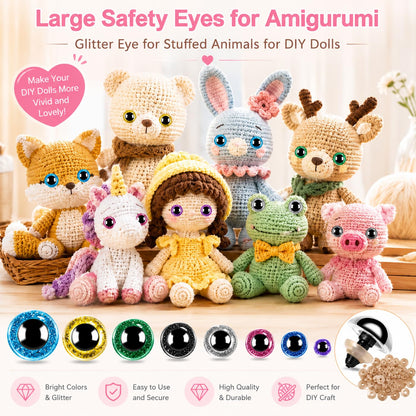 160pcs Large Safety Eyes for Amigurumi Glitter Eye for Stuffed Animals for DIY Dolls Puppets Bear Crafts Animals Amigurumi Making Supplies(Colorful A)