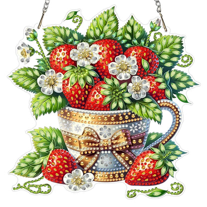 MXJSUA Strawberries Diamond Painting Art Window Suncatchers, Diamond Art Kits for Adults Hanging Ornaments with Chain, 5D Special Shape Crystal Diamond Pendant Accessories for Decor Gift 8x8 Inch